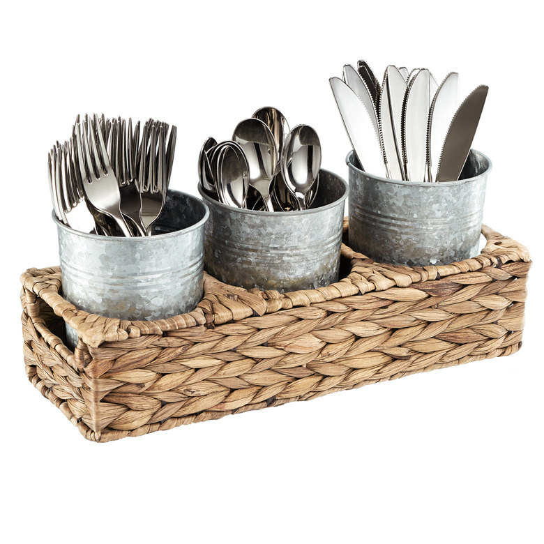 Garden Terrace Flatware Caddy Seagrass Caddy With 3 Galvanized Jars For Flatware, Napkins, Condiments Etc. Cups 5" X 4"