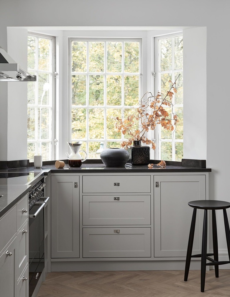 white kitchen with gray cabinets