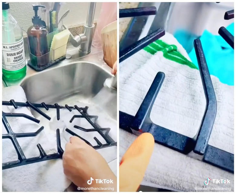 On the left is a cast-iron stove grate being sprayed with water in the sink. On the right is a finger pointing to a close up of the grate.