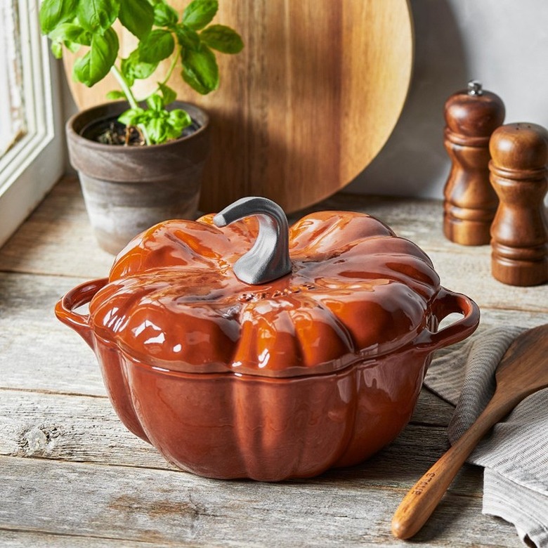 staub pumpkin cocotte in kitchen