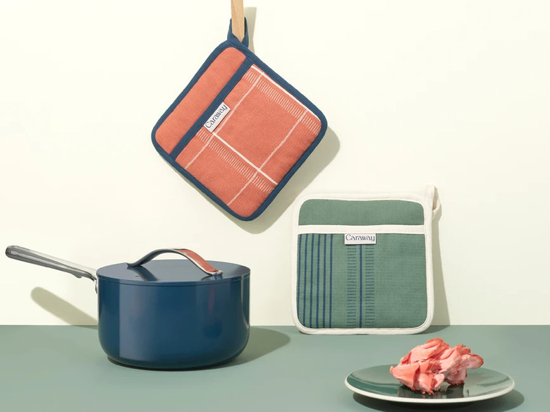 kitchen cookware and pot holders in various colors