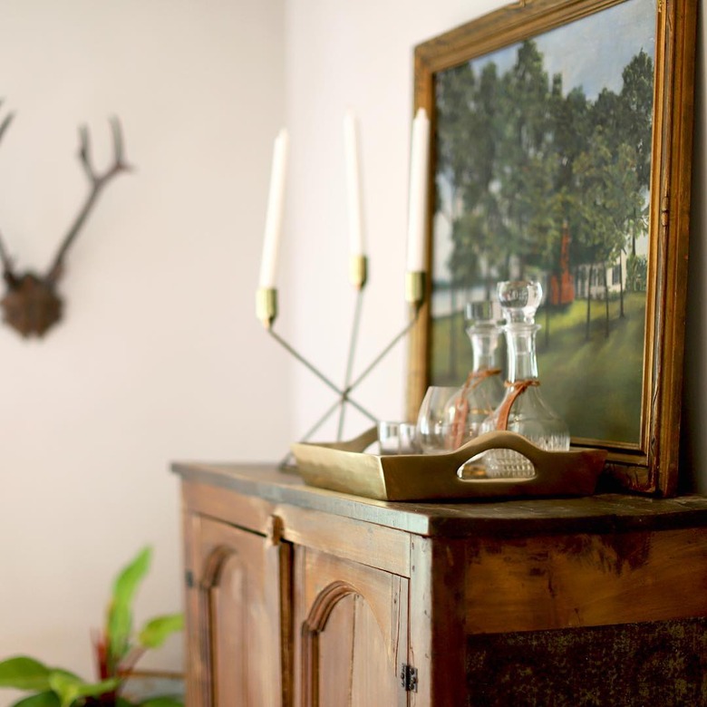 rustic living room bar idea with glass decanters