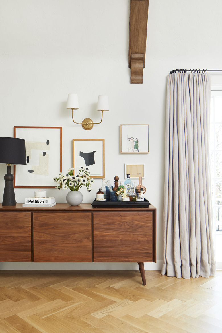 living room bar idea with bar tray on top of credenza