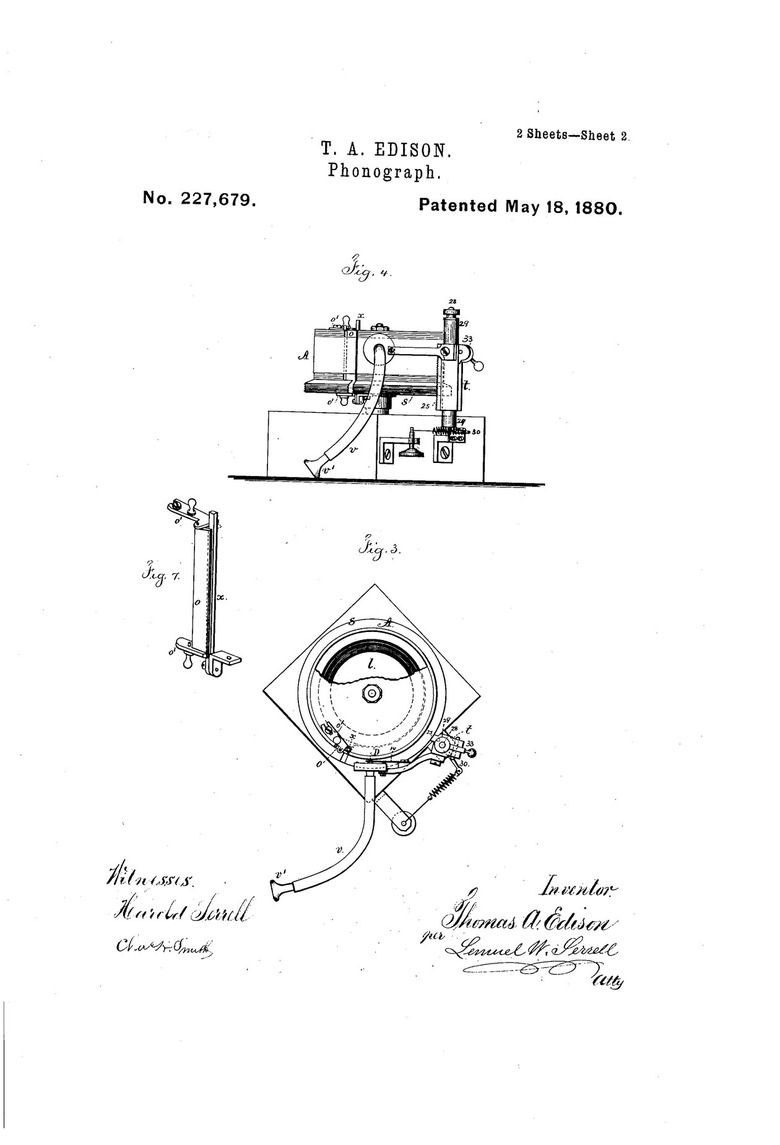 A black and white patent drawing of the phonograph.