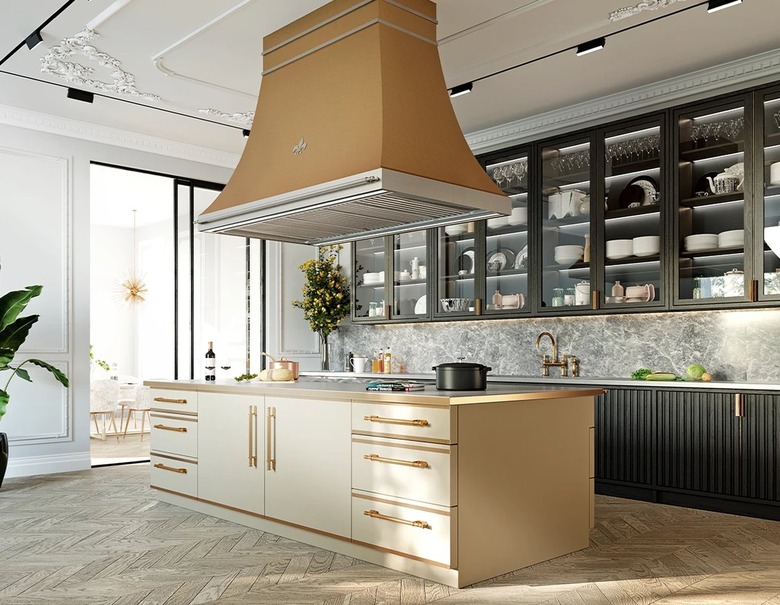 black reeded cabinets in kitchen with large island