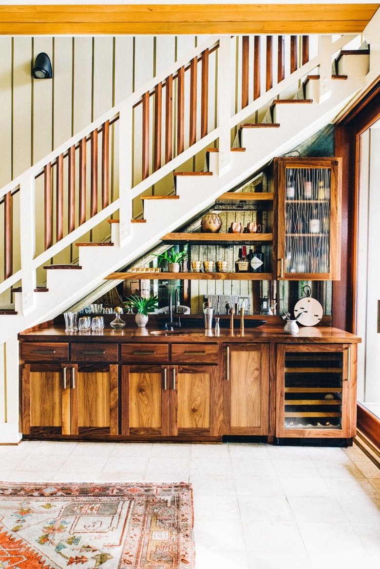 wooden rustic bar ideas under the stairs