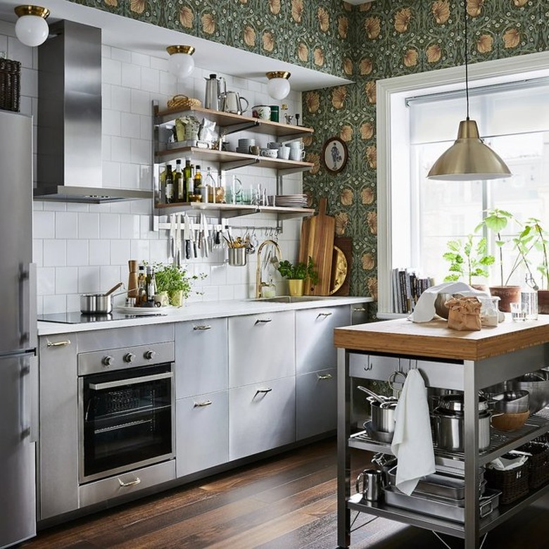 stainless steel kitchen with steel and wood rustic kitchen island