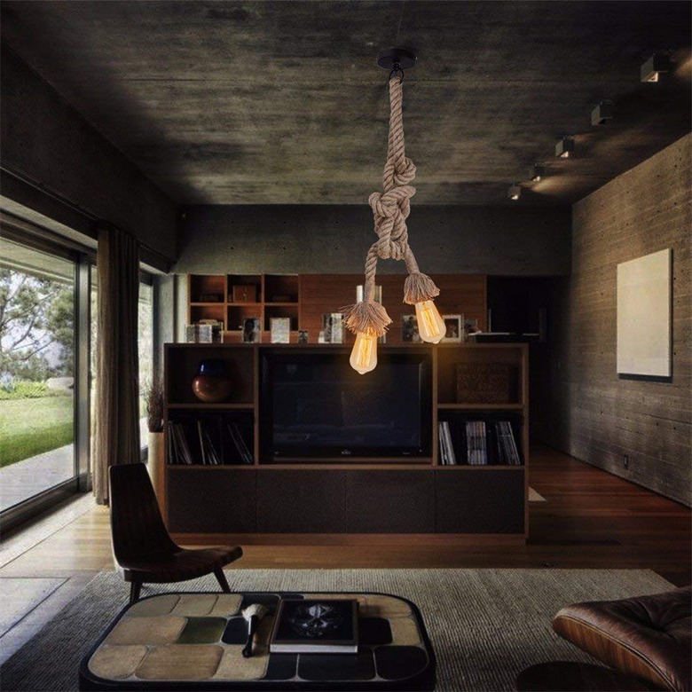 living room lighting idea with rope pendant light hanging from ceiling