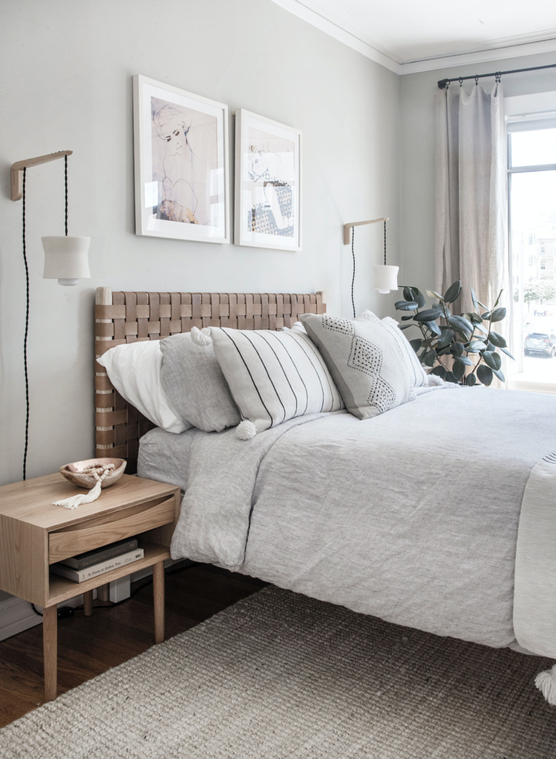 woven leather Scandinavian headboard in gray bedroom