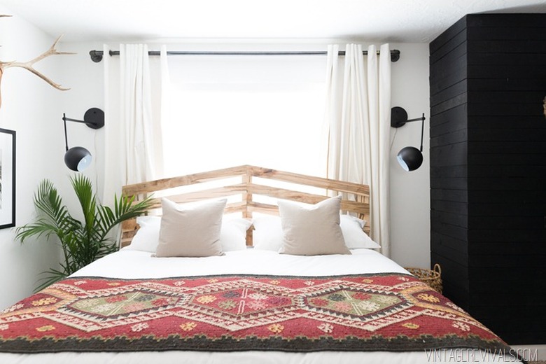 diy slatted Scandinavian headboard with boho bedding