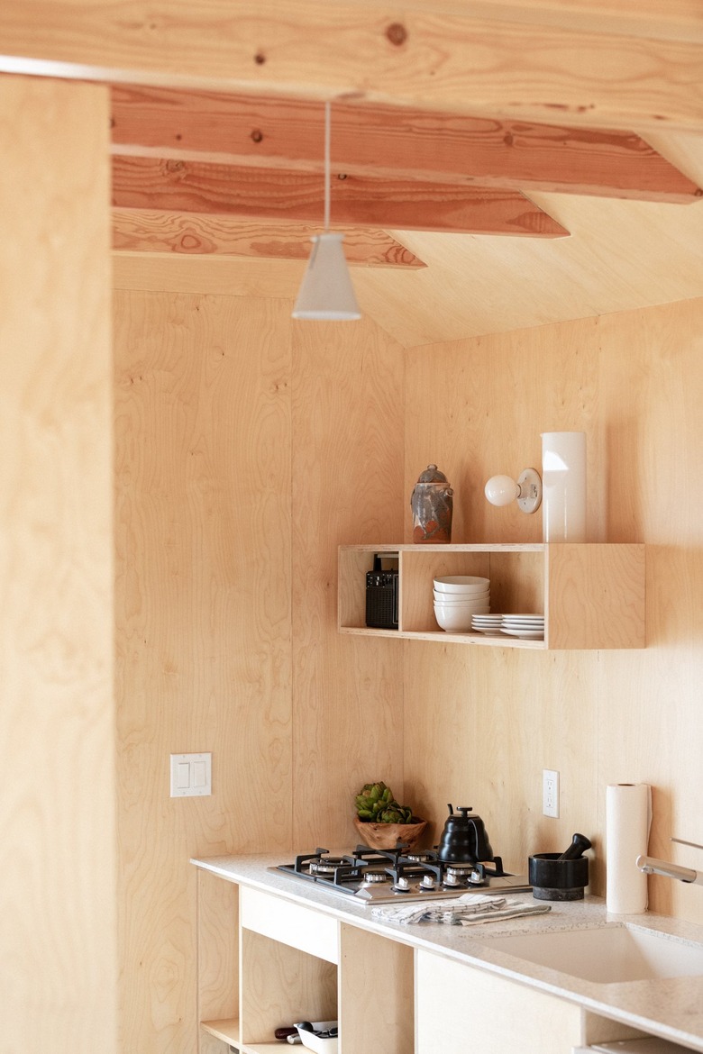 A minimalist wood-walled kitchen