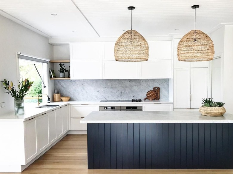 minimalist scandinavian kitchen with woven pendants