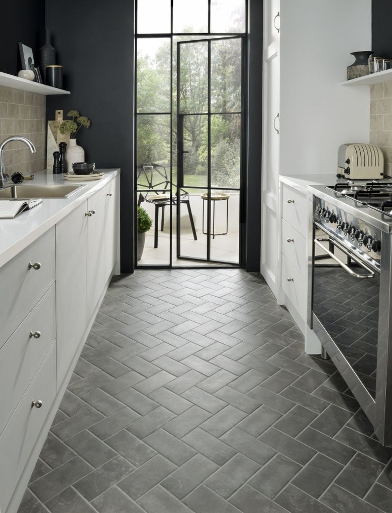 Scandinavian kitchen floor tile with porcelain in herringbone pattern