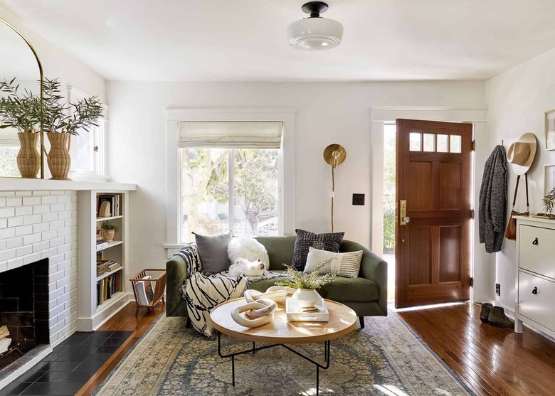 schoolhouse style semi-flush mount light in living room