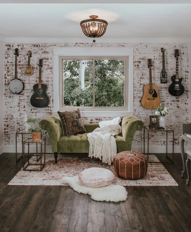 wooded beaded semi-flush mount light in living room