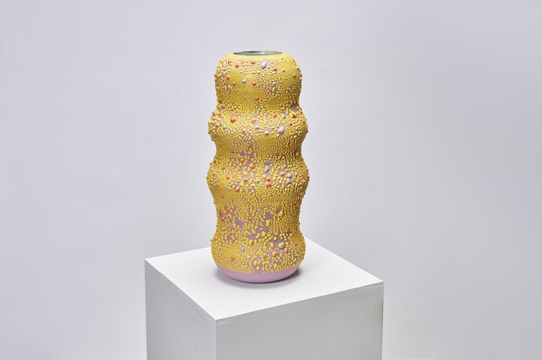 Lavender vase with yellow textured speckles