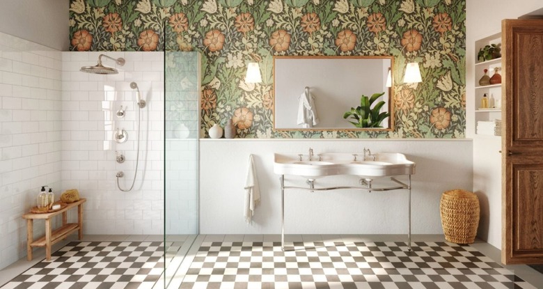 Bathroom with checkered floor and flower wallpaper