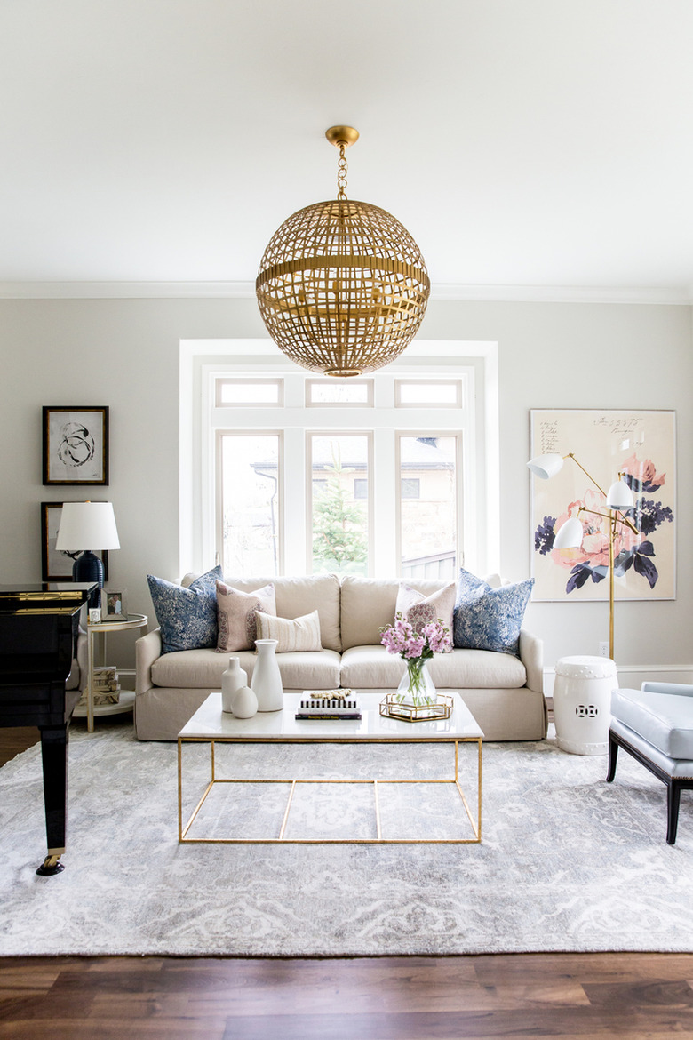 Living room with gold chandelier