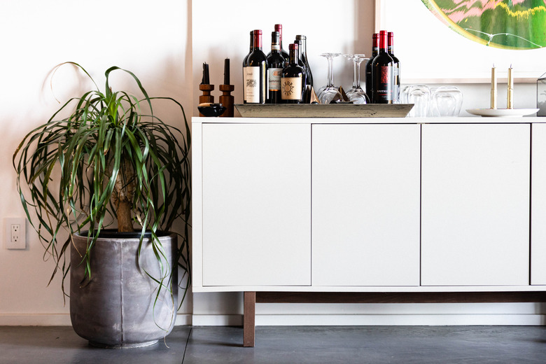 Ponytail palm tree next to white credenza