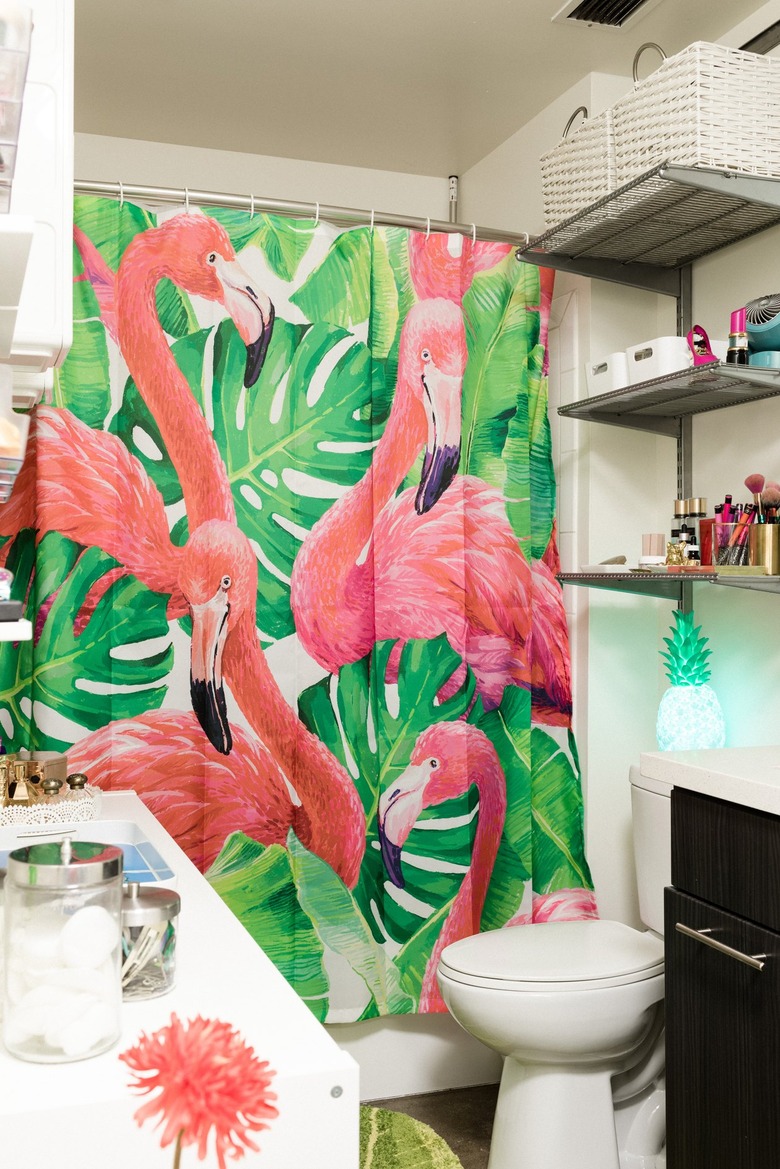 Bathroom with flamingo shower curtain