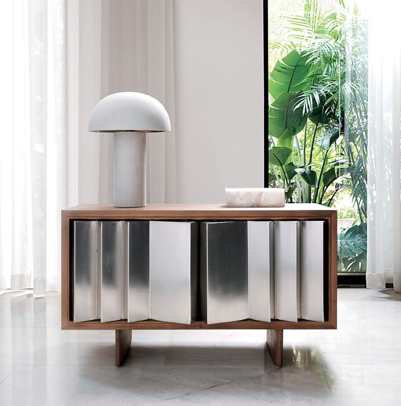 White table lamp, mirror credenza.