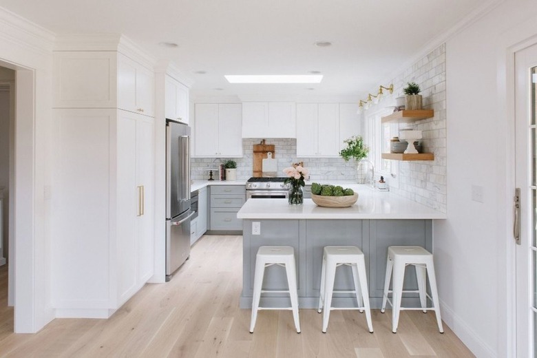 small kitchen layout idea with two tone cabinets and open shelving