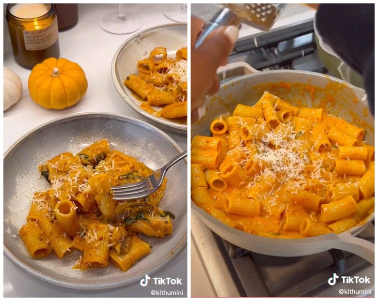 On the left is a fork hovering over a white bowl of spicy pumpkin vodka rigatoni. On the right is rigatoni in a pot with vodka sauce on the stove.