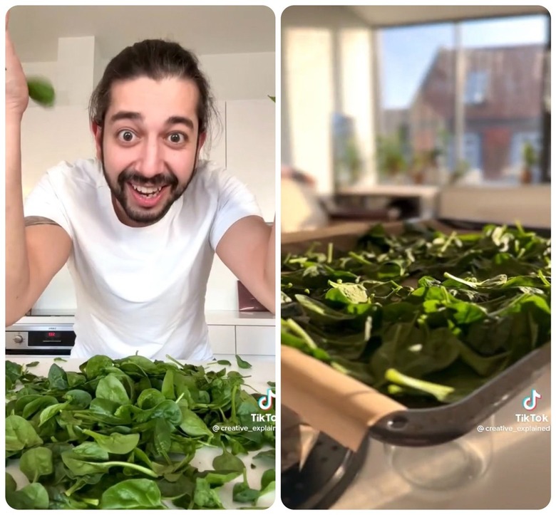 person cooking with spinach