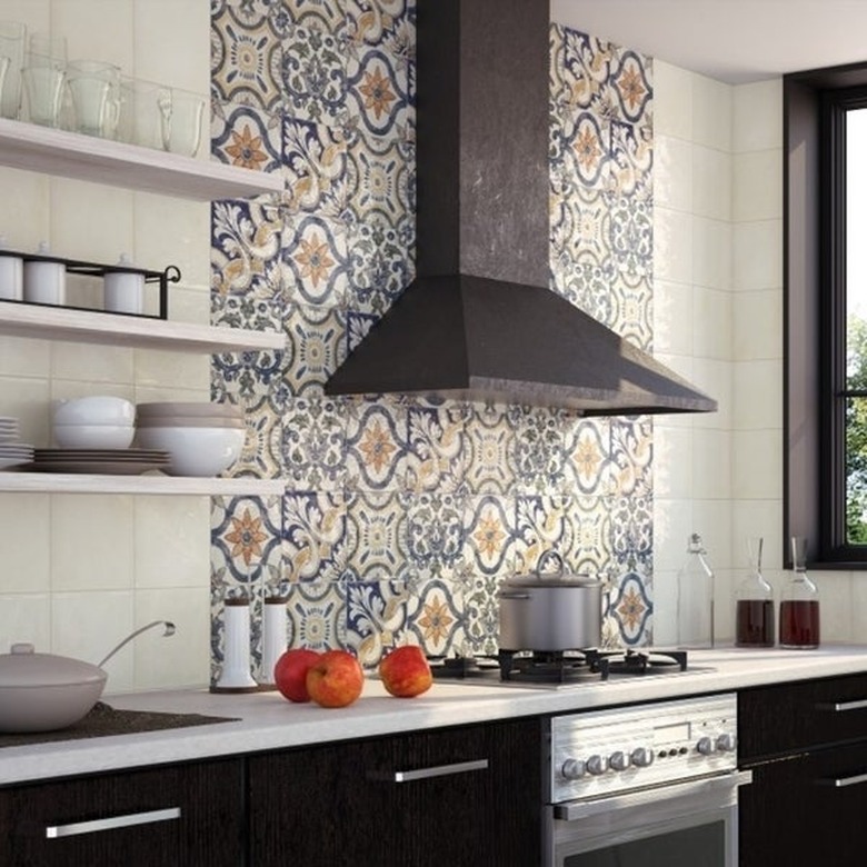 colorful ceramic tile stove backsplash