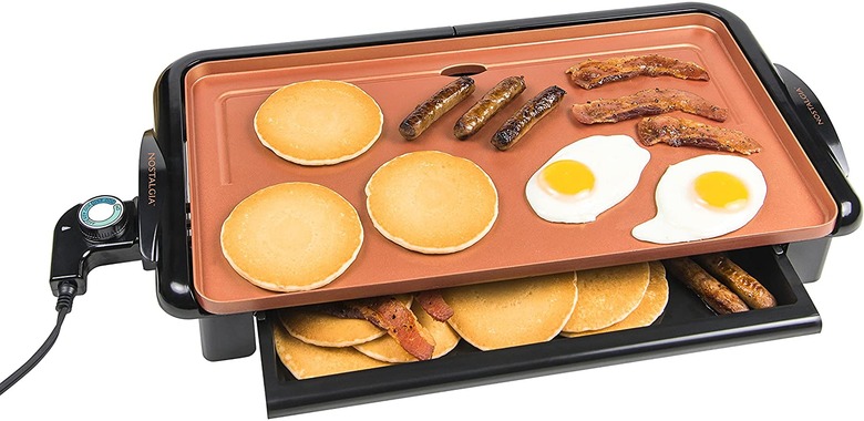 small stove size ideas Electric griddle with pancakes, eggs, sausage, bacon.