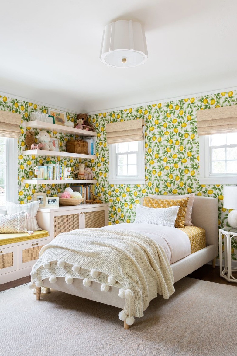 Stuffed Animal Storage in Little girl's room with lattice cabinet doors and open shelves by Ginny MacDonald Design