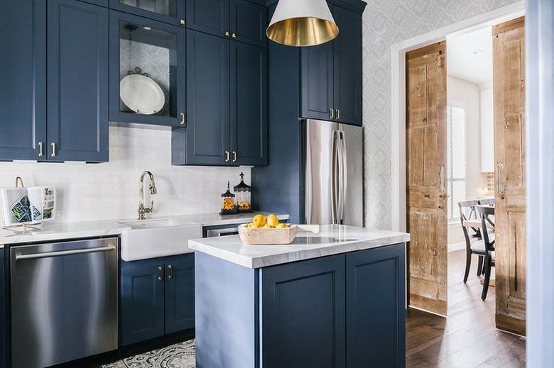 modern kitchen with navy cabinetry