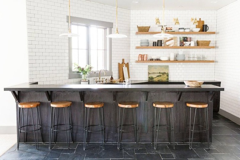 black and white kitchen with subway tile backsplash