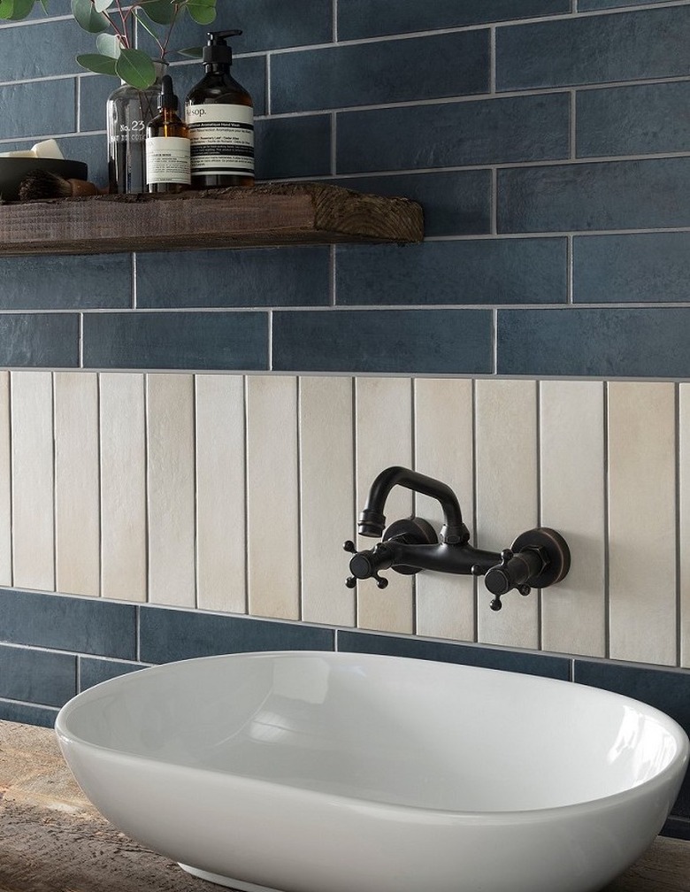 creative subway tile kitchen backsplash with blue and taupe tiles