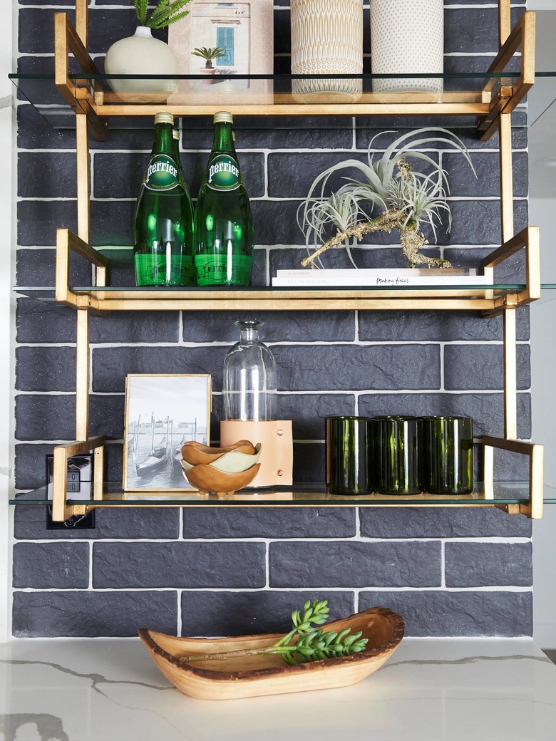 textured navy blue subway tile with shelving