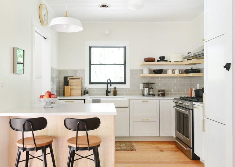 modern kitchen with gray subway tile backsplash