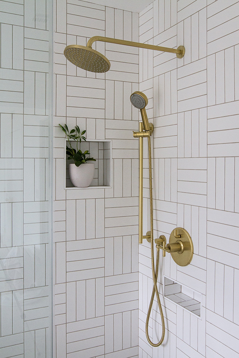 white subway tile shower idea in a crosshatch pattern