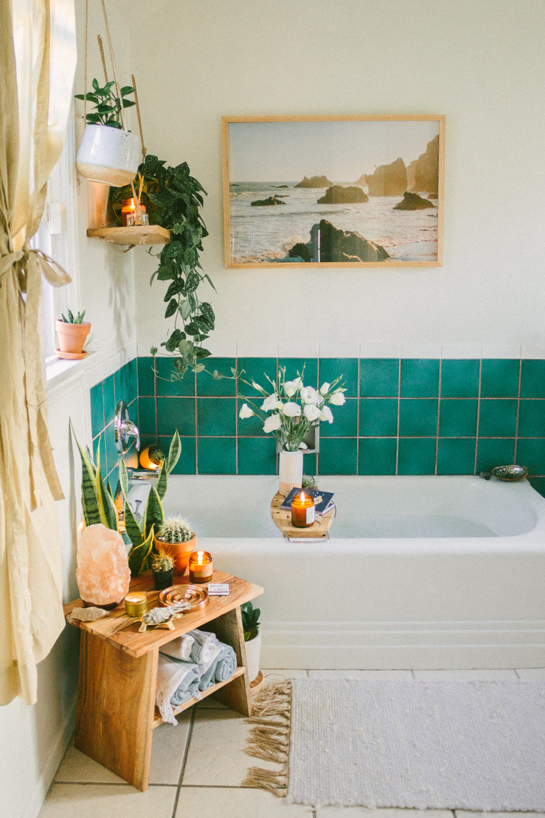 white bathroom with teal shower tile wall detail and hanging plants around the tub