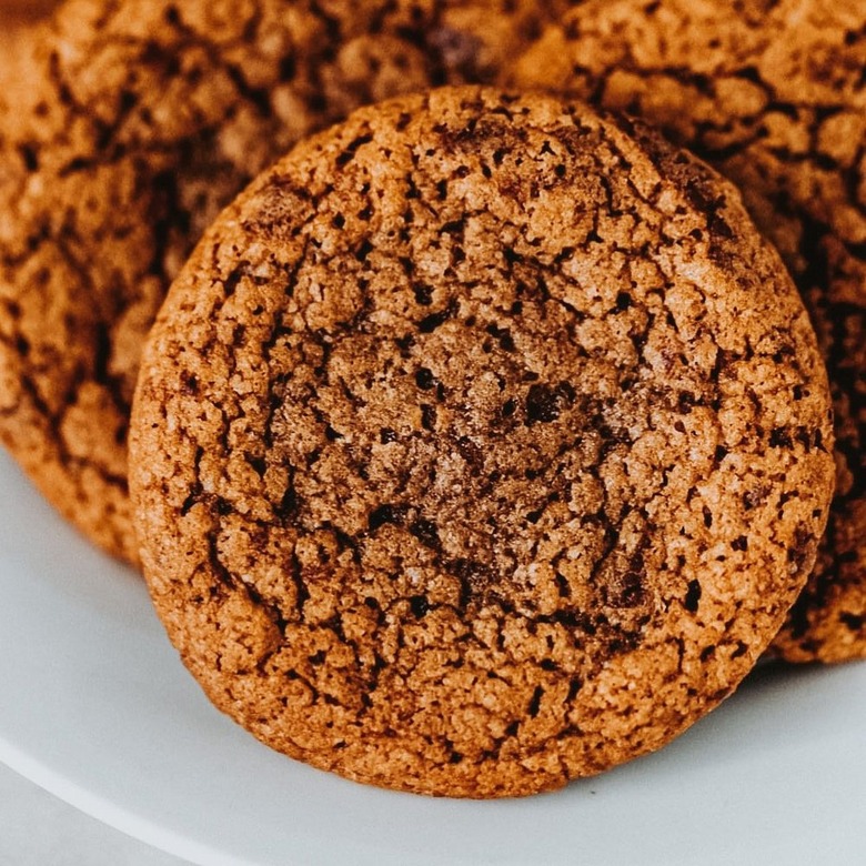 A close up image of coffee cookies on a white plate.