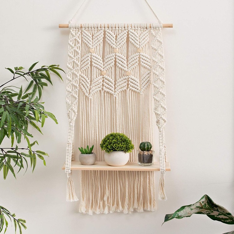 macrame wall hanging with integrated floating shelf