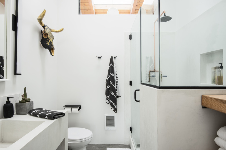 walk-in shower shower, built-in sink, toilet and bull skull decoration on the wall