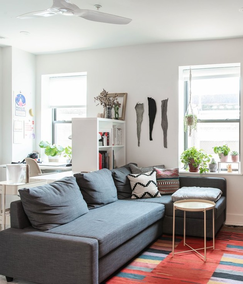 small space living room with sectional and IKEA room dividing bookcase