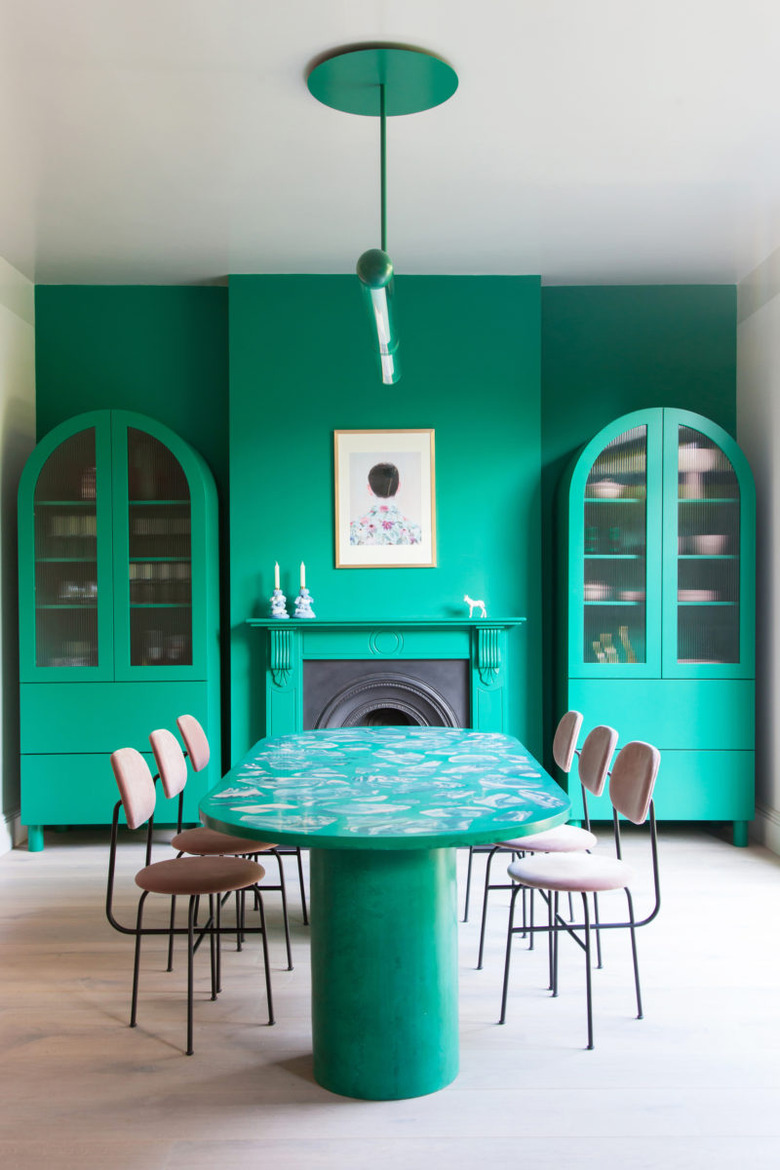 sea green dining room with jesmonite dining table