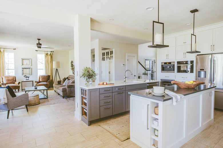 Gray and white kitchen island storage with cubbies