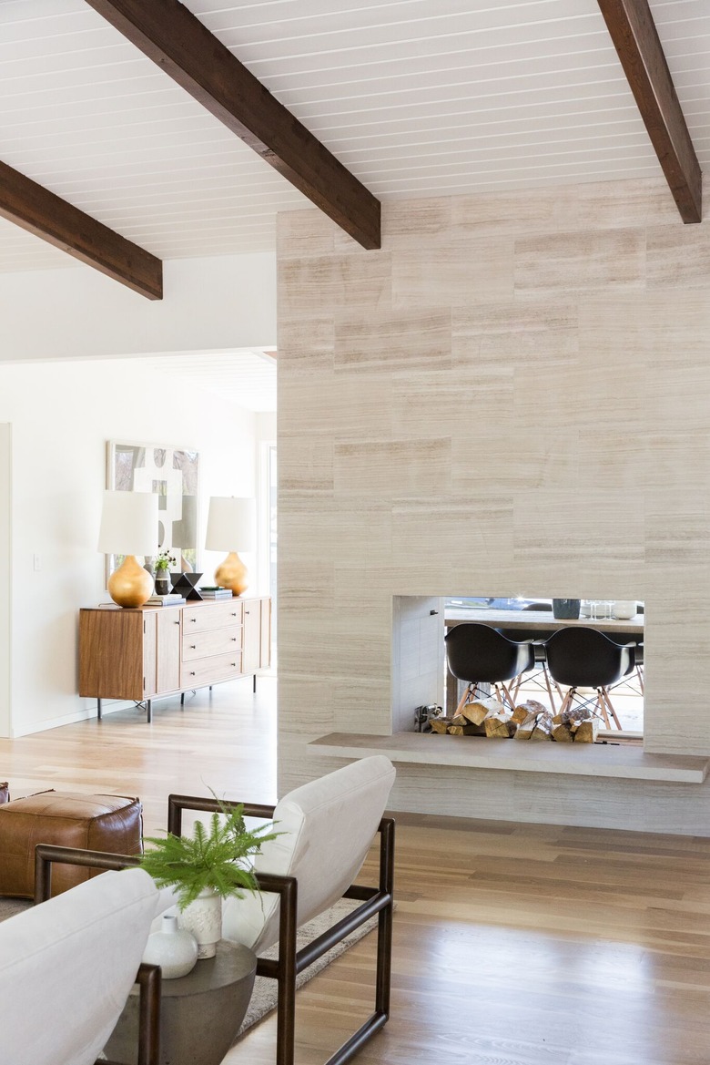 Two-sided fireplace in mid-century-home