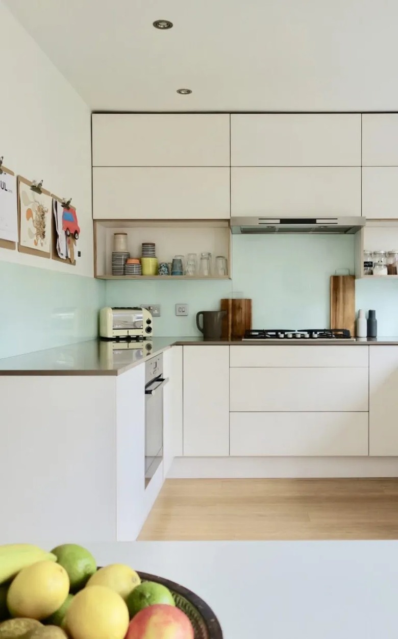 flat front white cabinets in modern kitchen