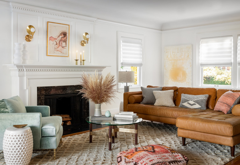 eclectic living room with white walls