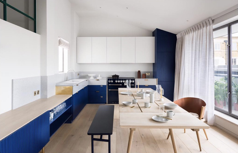 contemporary blue and white kitchen cabinets