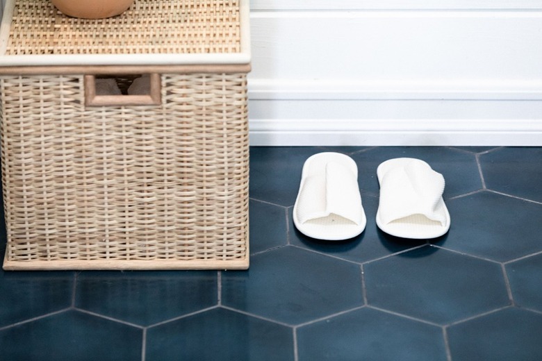 Blue tile bathroom floor