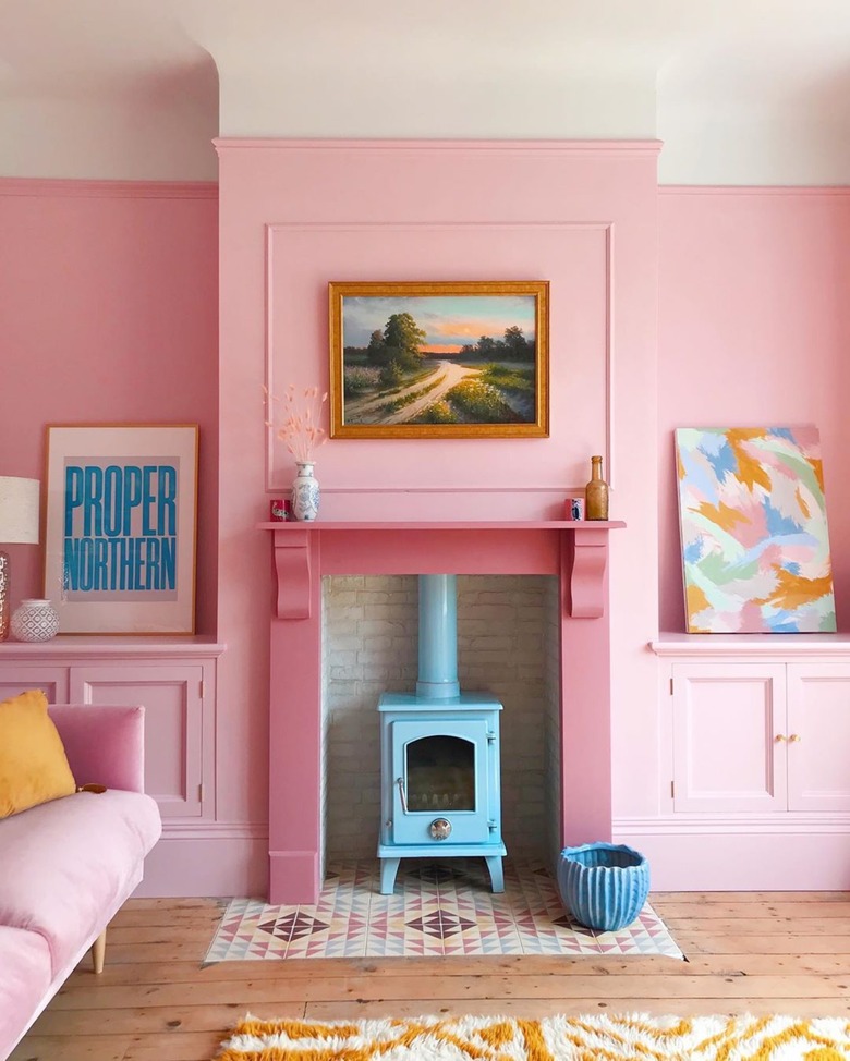 pink living room with hot pink fireplace and yellow accents Tone On Tone Paint Ideas